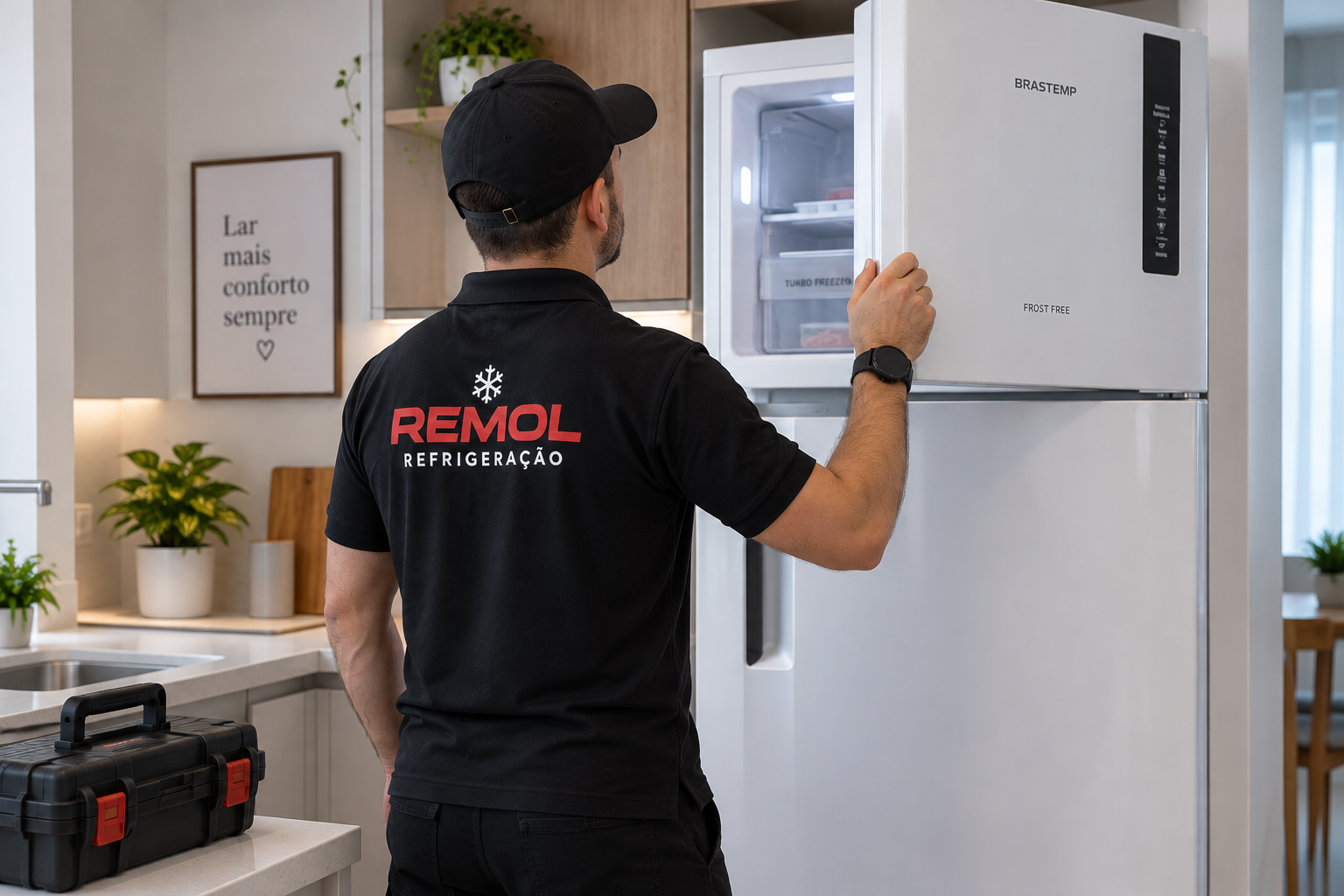 Técnico realizando manutenção em geladeira